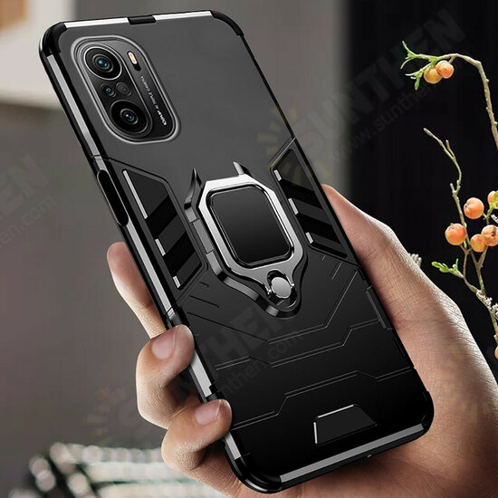 For POCO F3 Global Version Case Shockproof Magnetic with 360° Rotation Finger Ring Holder Stand PC Protective Case