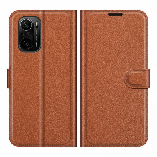 For POCO F3 Global Version Case Litchi Pattern Flip Shockproof PU Leather Full Body Protective Case