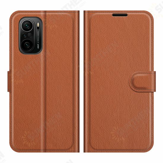 For POCO F3 Global Version Case Litchi Pattern Flip Shockproof PU Leather Full Body Protective Case