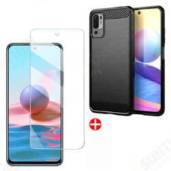 Global Version/ Xiaomi Redmi Note 10 5G Case Carbon Fiber Texture Shockproof TPU Protective Case Back Cover + 9H Anti-Explosion Anti-Fingerprint Tempered Glass Screen Protector