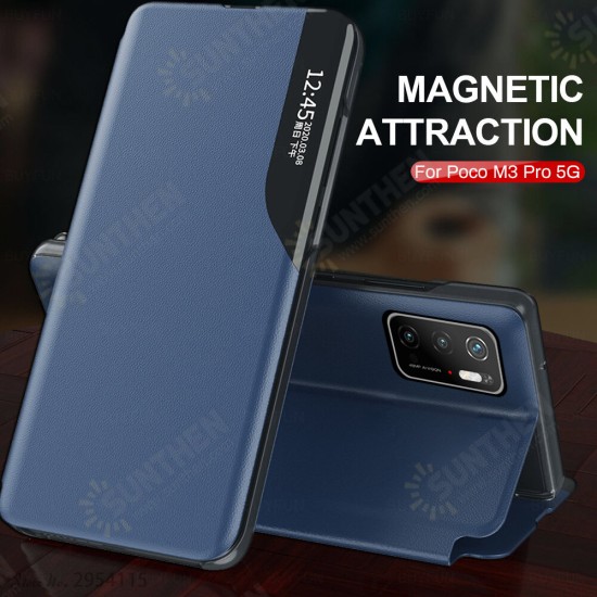 Global Version/ Xiaomi Redmi Note 10 5G Case Magnetic Flip Smart Sleep Window View Shockproof PU Leather Full Cover Protective Case + 9H Anti-Explosion Anti-Fingerprint Tempered Glass Screen Protector