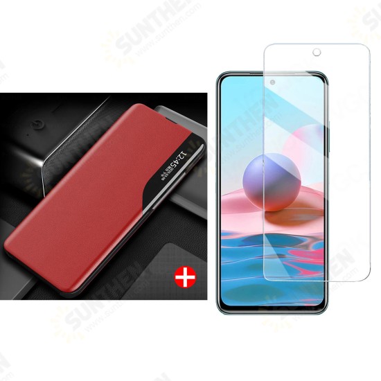 Global Version/ Xiaomi Redmi Note 10 5G Case Magnetic Flip Smart Sleep Window View Shockproof PU Leather Full Cover Protective Case + 9H Anti-Explosion Anti-Fingerprint Tempered Glass Screen Protector