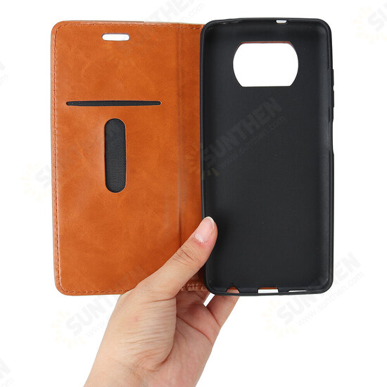 For POCO X3 PRO / POCO X3 NFC Case Wooden Texture Flip with Card Slot Stand PU Leather Full Body Protective Case Non-original