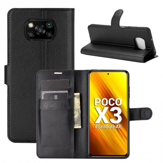 For POCO X3 PRO / POCO X3 NFC Case Litchi Pattern Flip Shockproof PU Leather Full Body Protective Case