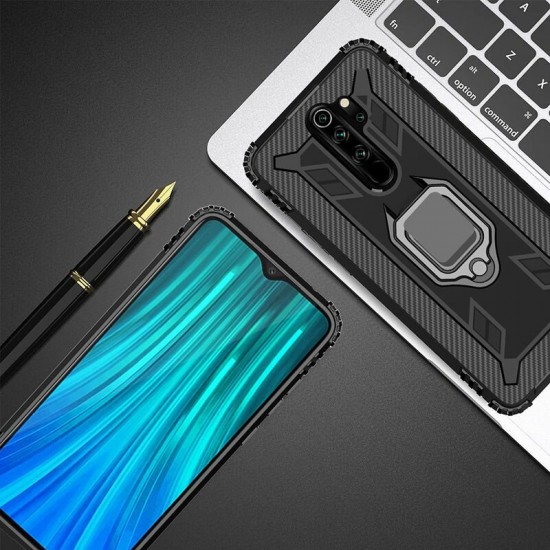 For Xiaomi Redmi 9 Case Carbon Fiber Pattern Shockproof Anti-Fingerprint with 360° Rotation Magnetic Ring Bracket PC Protective Case Non-original