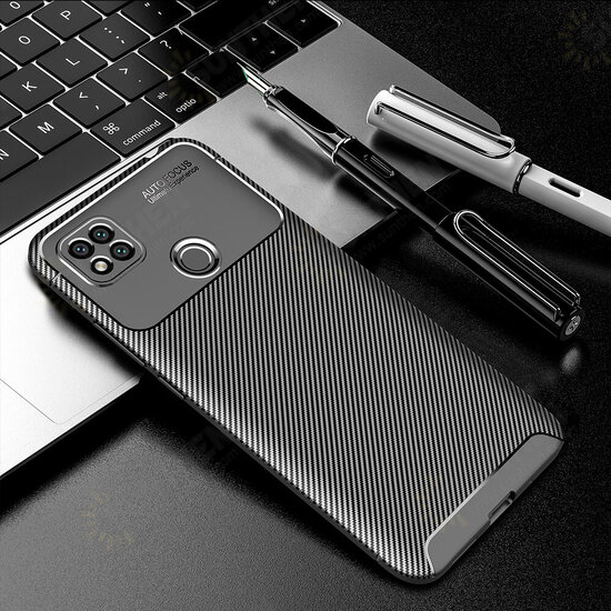 For Xiaomi Redmi 9C Case Luxury Carbon Fiber Pattern with Lens Protector Shockproof Silicone Protective Case Non-original