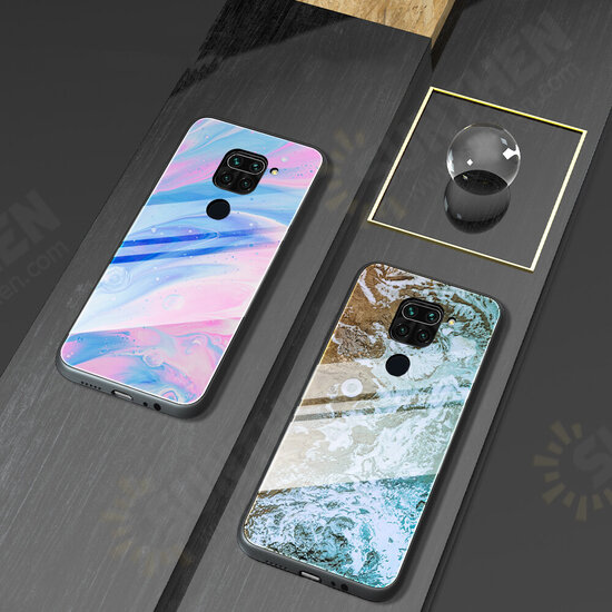 For Xiaomi Redmi Note 9 / Redmi 10X 4G Case Marble Pattern Colorful Tempered Glass Shockproof Scratch Resistant Protective Case Non-original