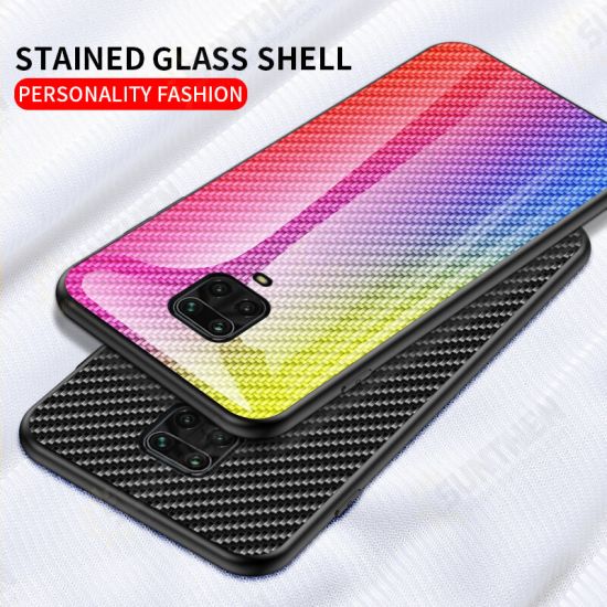 For Xiaomi Redmi Note 9S / Redmi Note 9 Pro Case Carbon Fiber Pattern Gradient Color Tempered Glass Shockproof Scratch Resistant Protective Case Non-original