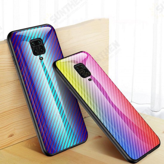 For Xiaomi Redmi Note 9S / Redmi Note 9 Pro Case Carbon Fiber Pattern Gradient Color Tempered Glass Shockproof Scratch Resistant Protective Case Non-original