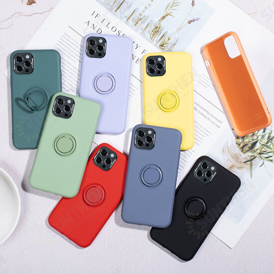 For iPhone 12 Pro / 12 Case Candy Color with Ring Holder Shockproof Soft Liquid Silicone Protective Case Back Cover