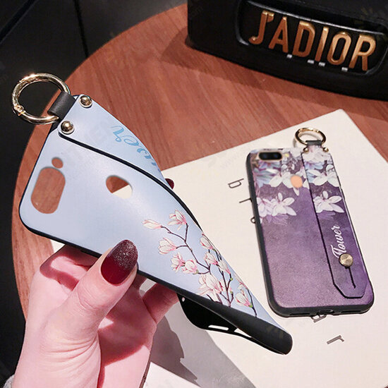 Fashion Magnolia Flower Pattern with Wrist Strap Bracket Shockproof Silicone Protective Case