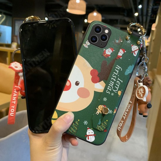 Christmas Cartoon Deer Pattern Plating with Lanyard Wrist Strap Bracket Shockproof TPU Protective Case