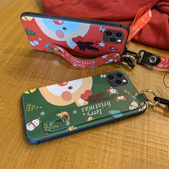 Christmas Cartoon Deer Pattern Plating with Lanyard Wrist Strap Bracket Shockproof TPU Protective Case