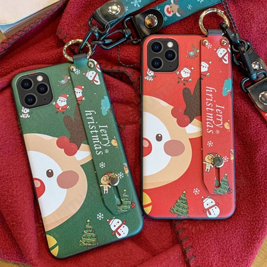 Christmas Cartoon Deer Pattern Plating with Lanyard Wrist Strap Bracket Shockproof TPU Protective Case