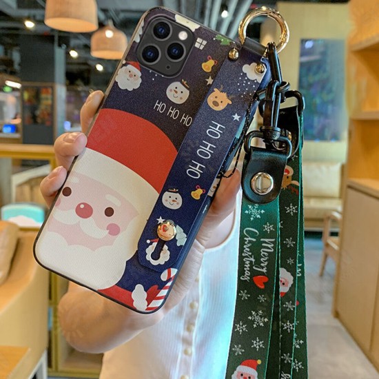 Christmas Cartoon Deer Pattern Plating with Lanyard Wrist Strap Bracket Shockproof TPU Protective Case