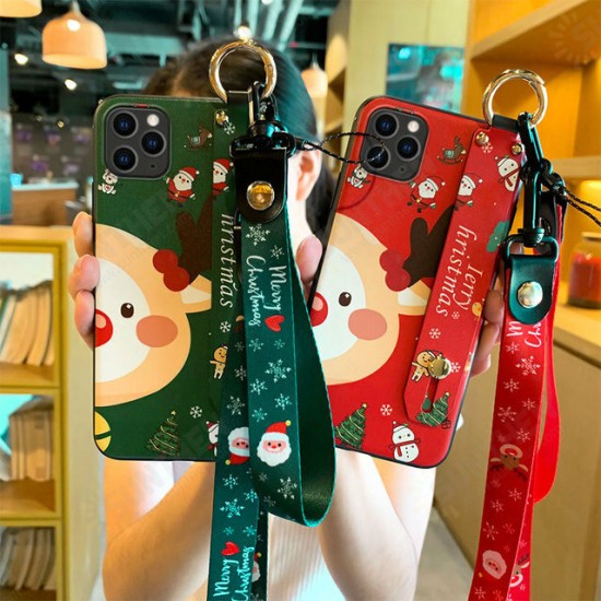 Christmas Cartoon Deer Pattern Plating with Lanyard Wrist Strap Bracket Shockproof TPU Protective Case