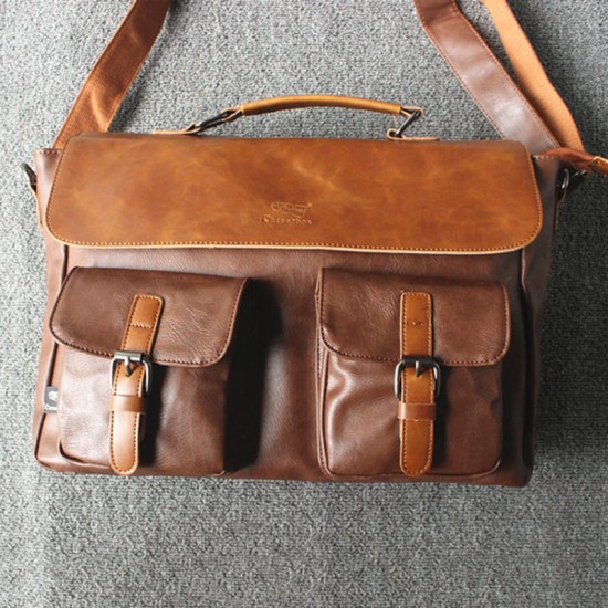 Men Multi-pocket Vintage PU Leather Large Capacity Laptop Briefcase Crossbody Bag