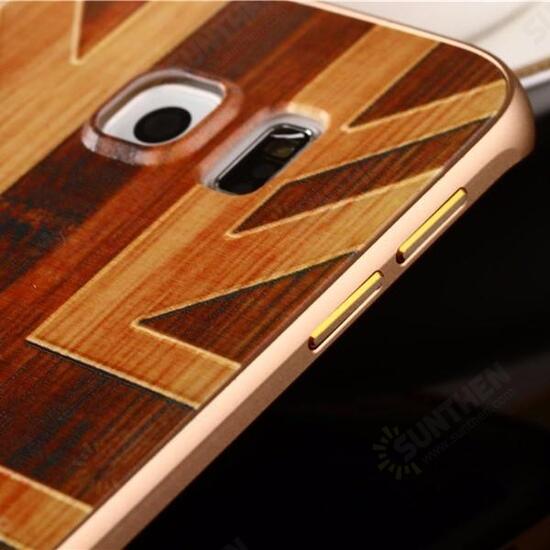 Wooden Pattern Hard Back Case Gold Alloy Frame Protective Shell for Samsung Galaxy S6 Edge