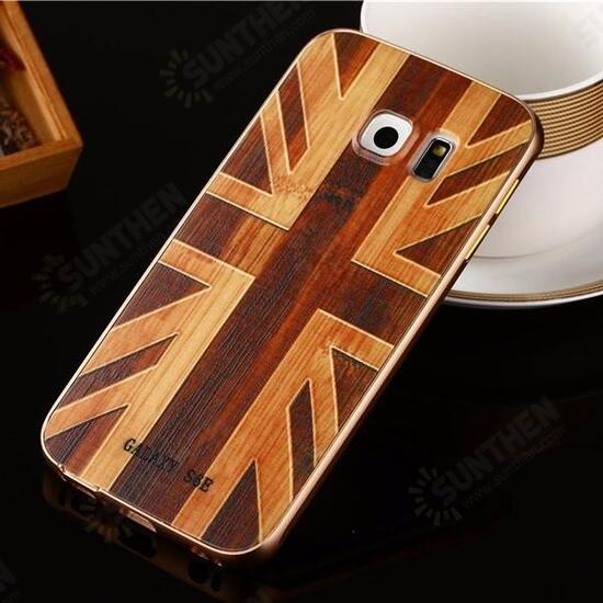 Wooden Pattern Hard Back Case Gold Alloy Frame Protective Shell for Samsung Galaxy S6 Edge