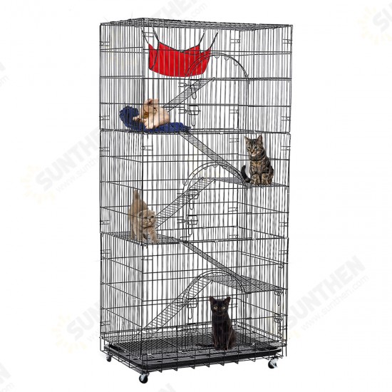 Oversized 6 Tier Cat Cage 77inch Tall 1-5 Cats w/Hammock, Cat Bed & 5 Ramp Ladders 5 Platforms 3 Front Door Tray Cat Litter Playpen Cat House Pet Pen