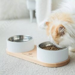 Pet Feeder Beech Bowl With 304 Stainless Steel Double Bowl Pet Feeder Beech Bowl With 304 Stainless Steel Double Bowl