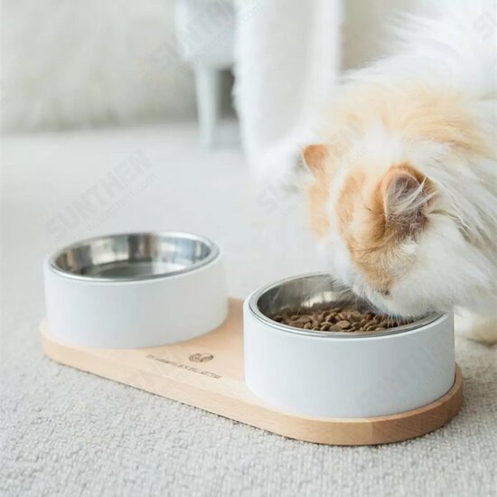 Pet Feeder Beech Bowl With 304 Stainless Steel Double Bowl