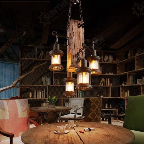 Rustic Wood 4 Heads Industrial Chandelier Iron Ceiling Lamp Pendant Light