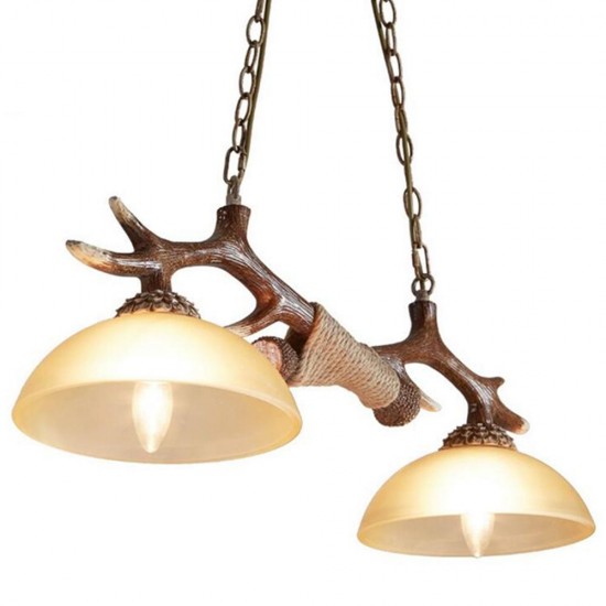 Vintage Antler Resin Double Light Deer Horn Pendant Chandelier Lamp Dinning Bar