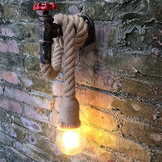 Vintage Industrial Water Pipe Wall Lamp Sconce Hemp Rope Pendant Light Fixture