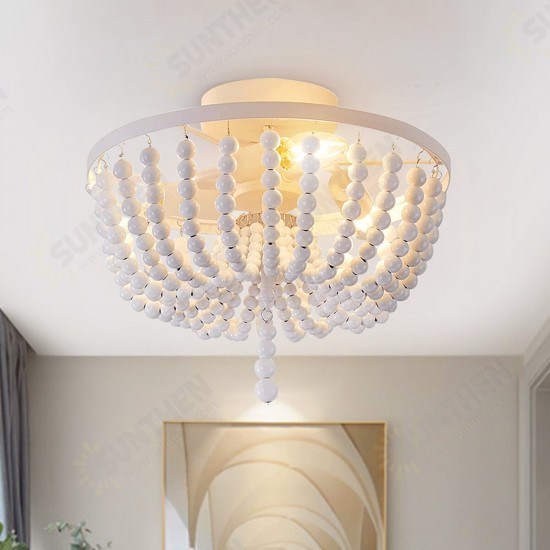 Wooden Bead Chandelier Lighting Fixture Retro Wood Ceiling Pendant Light White Without Bulbs