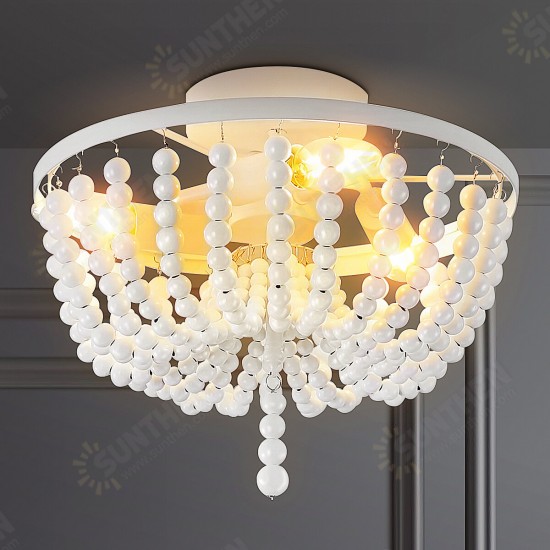 Wooden Bead Chandelier Lighting Fixture Retro Wood Ceiling Pendant Light White Without Bulbs