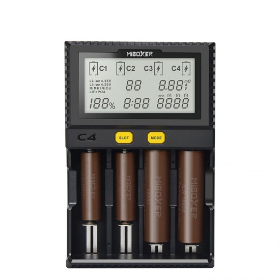 C4 4-Slots Smart Battery Charger With LCD Screen Display Support DC12V (Car Charging) & AC90-260V Charging Suitable For Li-ion/IMR/INR/ICR/LiFePO4/Ni-MH/Ni-Cd Battery
