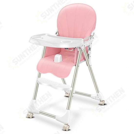 Portable Folding Baby High Chair Adjustable Plate Lockable Wheels PU Seat with Environmental Protection Material Stable for Kids