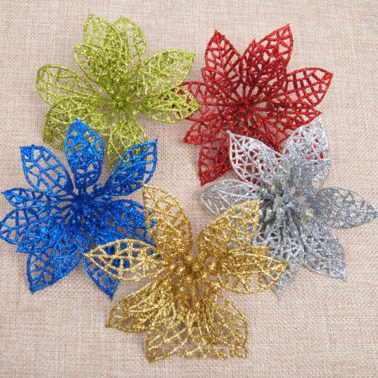 10Pcs Christmas Glitter Hollow Flower Decoration Flowers for Christmas Trees New Year Decorations