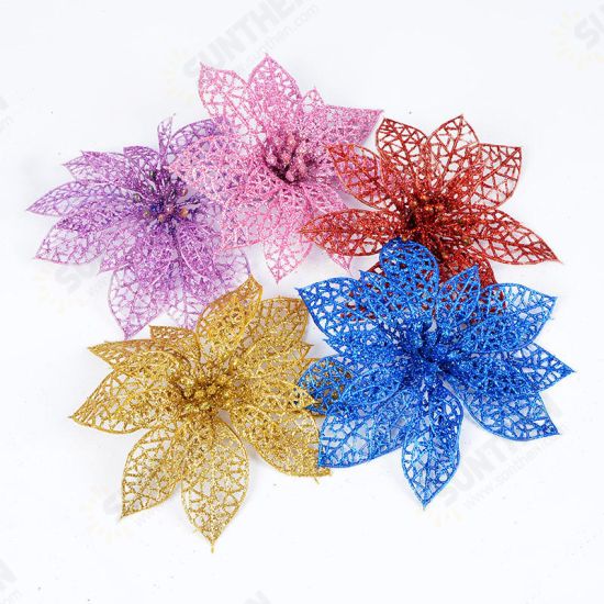 10Pcs Christmas Glitter Hollow Flower Decoration Flowers for Christmas Trees New Year Decorations