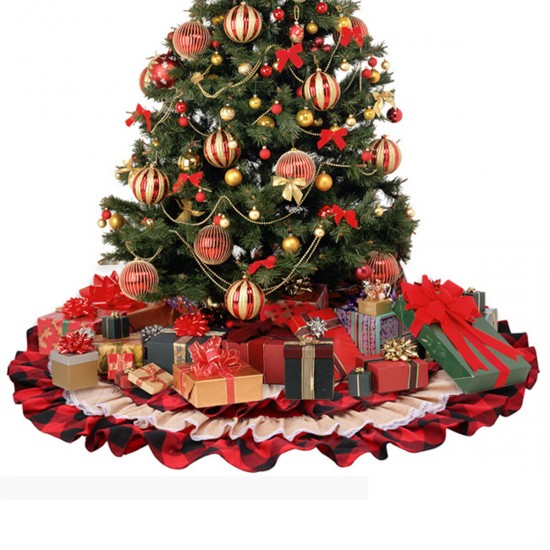2020 Christmas Tree Skirts Red Cake Plaid Lace Carpet Round Linen Apron New Year Blanket Home Parties Decoration
