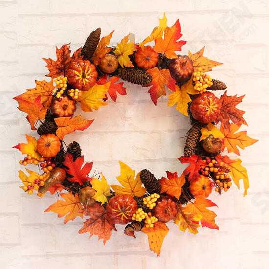 60cm Christmas Maple Leaves Pumpkin Berry Wreath Garland Door Hanging Craft Decorations