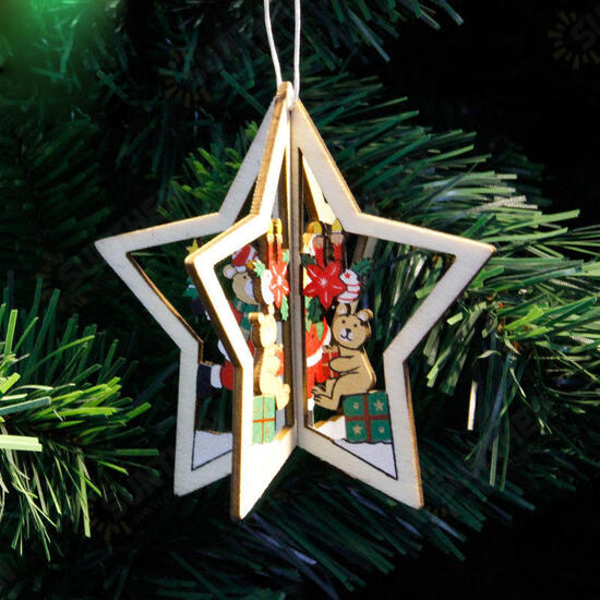 Christmas 3D Wooden Pendant Star Bell Tree Hang Ornaments Home Party Decorations Kids Gifts