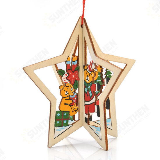 Christmas 3D Wooden Pendant Star Bell Tree Hang Ornaments Home Party Decorations Kids Gifts