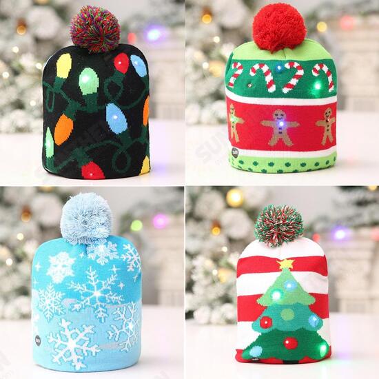 Christmas LED Light Winter Warm Beanie Cap Santa Claus Snowflake Knitted Hat