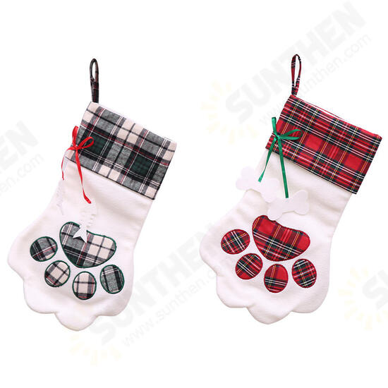 Christmas Socks Red Blue Plaid Dogs Paw Stockings Sacks Hanging New Year Kids Gifts Christmas Party Decorations