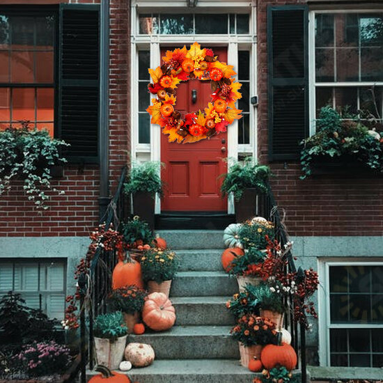 Halloween Artificial Pumpkin Wreath Autumn Color Harvest Maple Leaf LED Light String Door Garland Decor