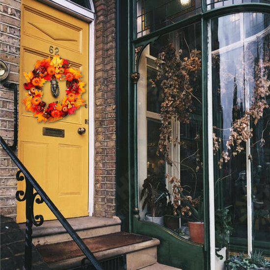 Halloween Artificial Pumpkin Wreath Autumn Color Harvest Maple Leaf LED Light String Door Garland Decor