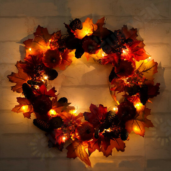 Halloween Artificial Pumpkin Wreath Autumn Color Harvest Maple Leaf LED Light String Door Garland Decor