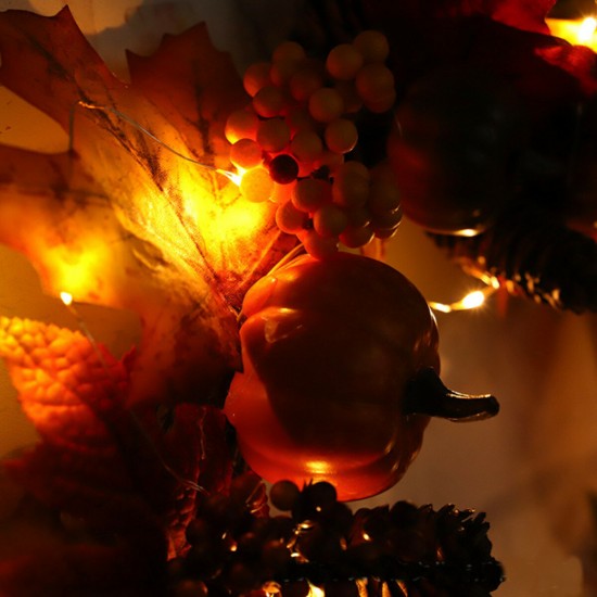 Halloween Artificial Pumpkin Wreath Autumn Color Harvest Maple Leaf LED Light String Door Garland Decor