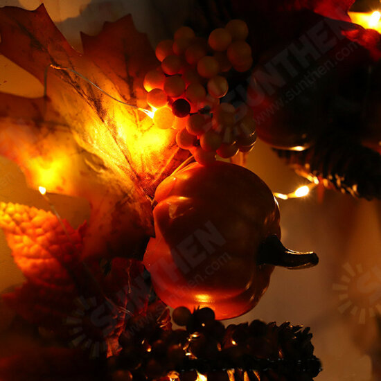 Halloween Artificial Pumpkin Wreath Autumn Color Harvest Maple Leaf LED Light String Door Garland Decor