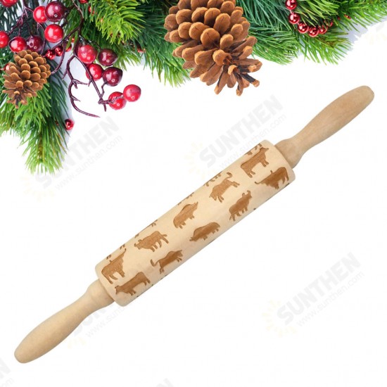 JM01690 Wooden Christmas Embossed Rolling Pin Dough Stick Baking Pastry Tool New Year Christmas Decoration