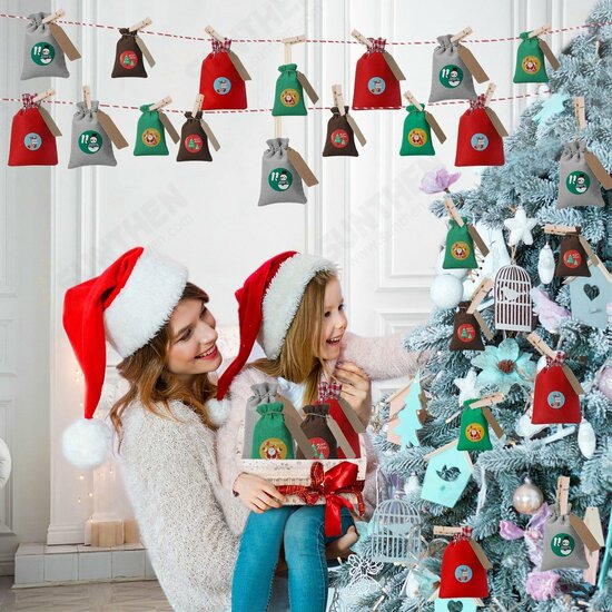 28PCS Christmas Hanging Advent Calendars Countdown Drawstring Gift Bags Candy Biscuit Pouches Present Gift Wrap