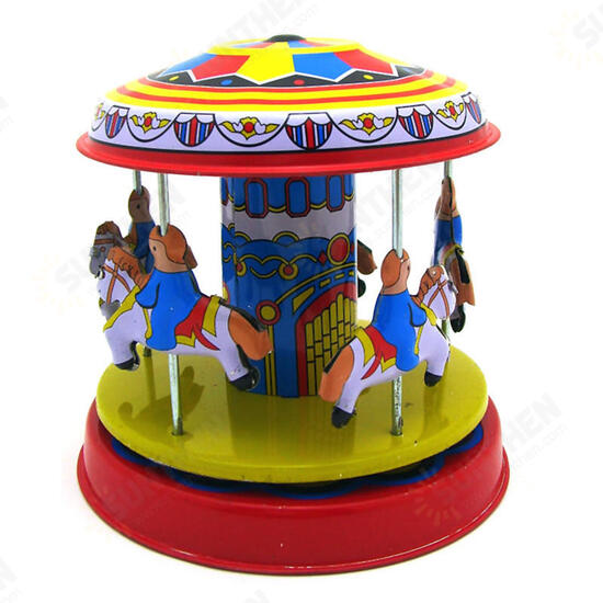 Classic Vintage Clockwork Wind Up Merry-Go-Round Children Kids Tin Toys With Key