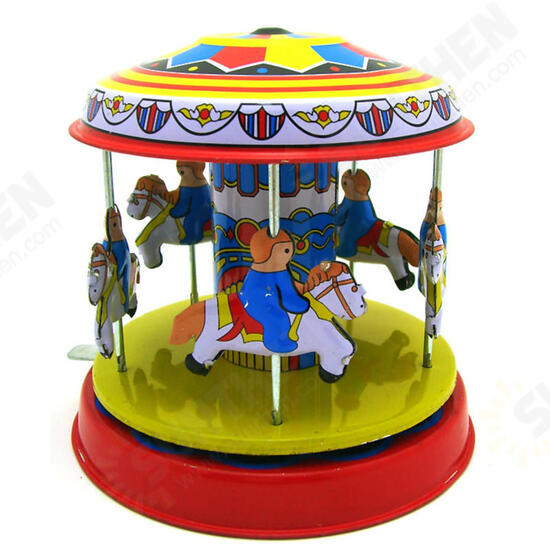 Classic Vintage Clockwork Wind Up Merry-Go-Round Children Kids Tin Toys With Key